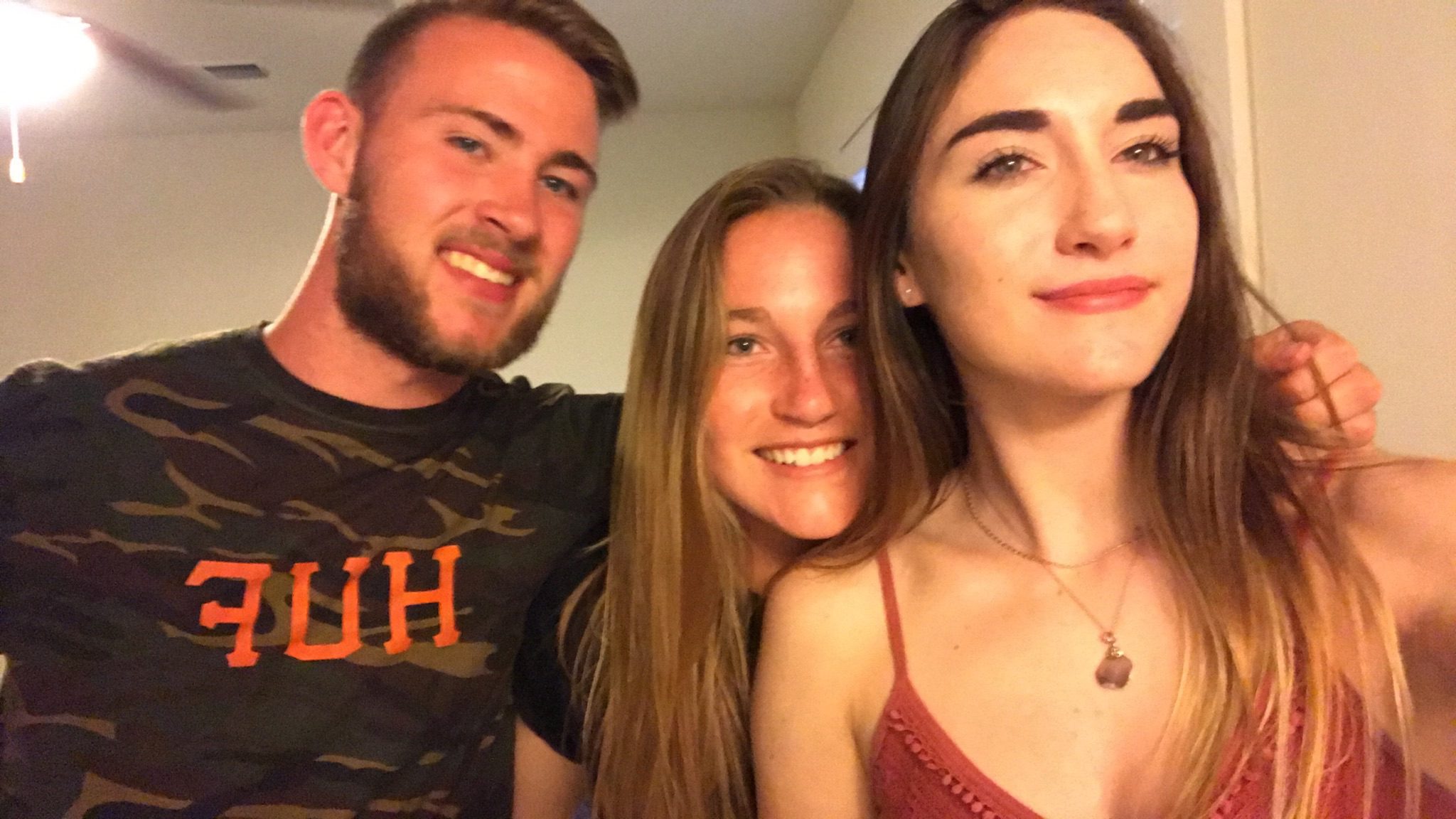 A handsome man and two beautiful young ladies happily taking a selfie